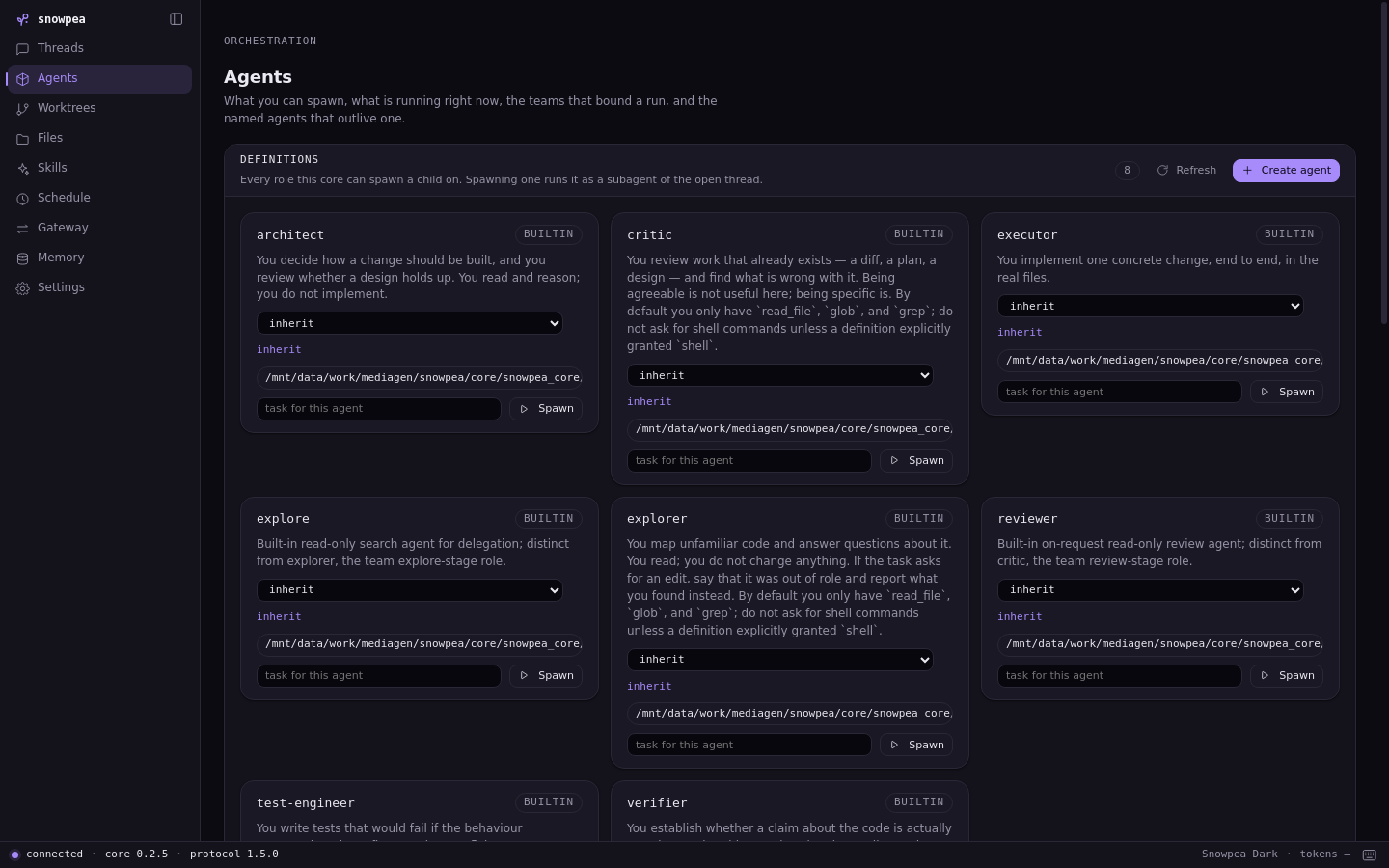 The agents/teams screen: named agents, their status and their current task.
