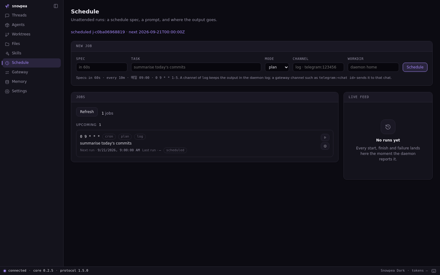 The scheduler screen: jobs with their cron expression, next run and delivery channel.