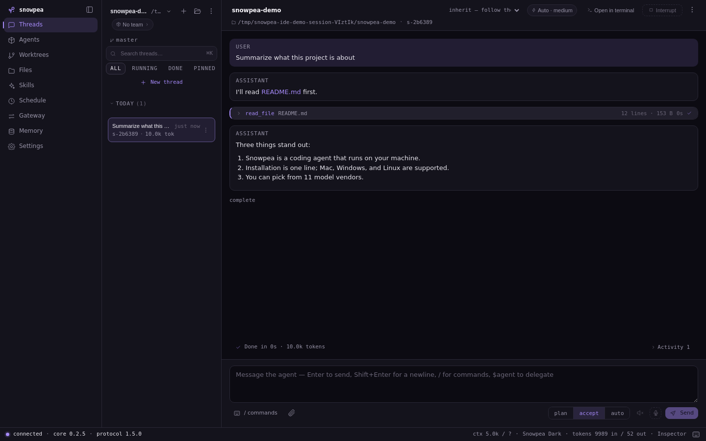 The main IDE window: thread list on the left, a finished turn with a user prompt, a tool call and an assistant answer, the context panel on the right.