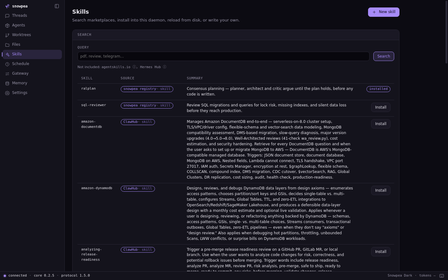 The skills browser with registry results and an installed-skill badge.