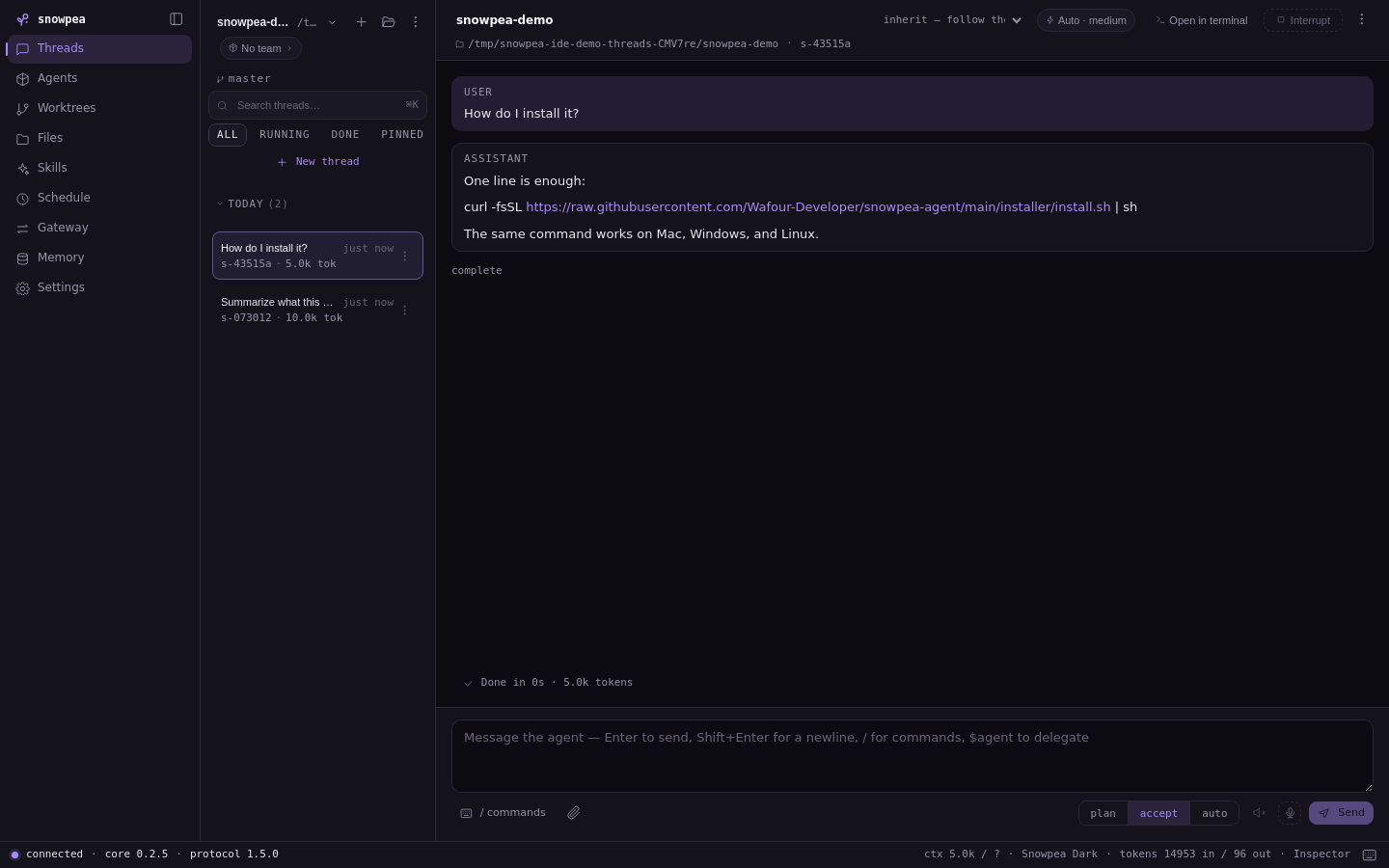 The thread sidebar with several sessions, their titles, relative times and the new-thread control.