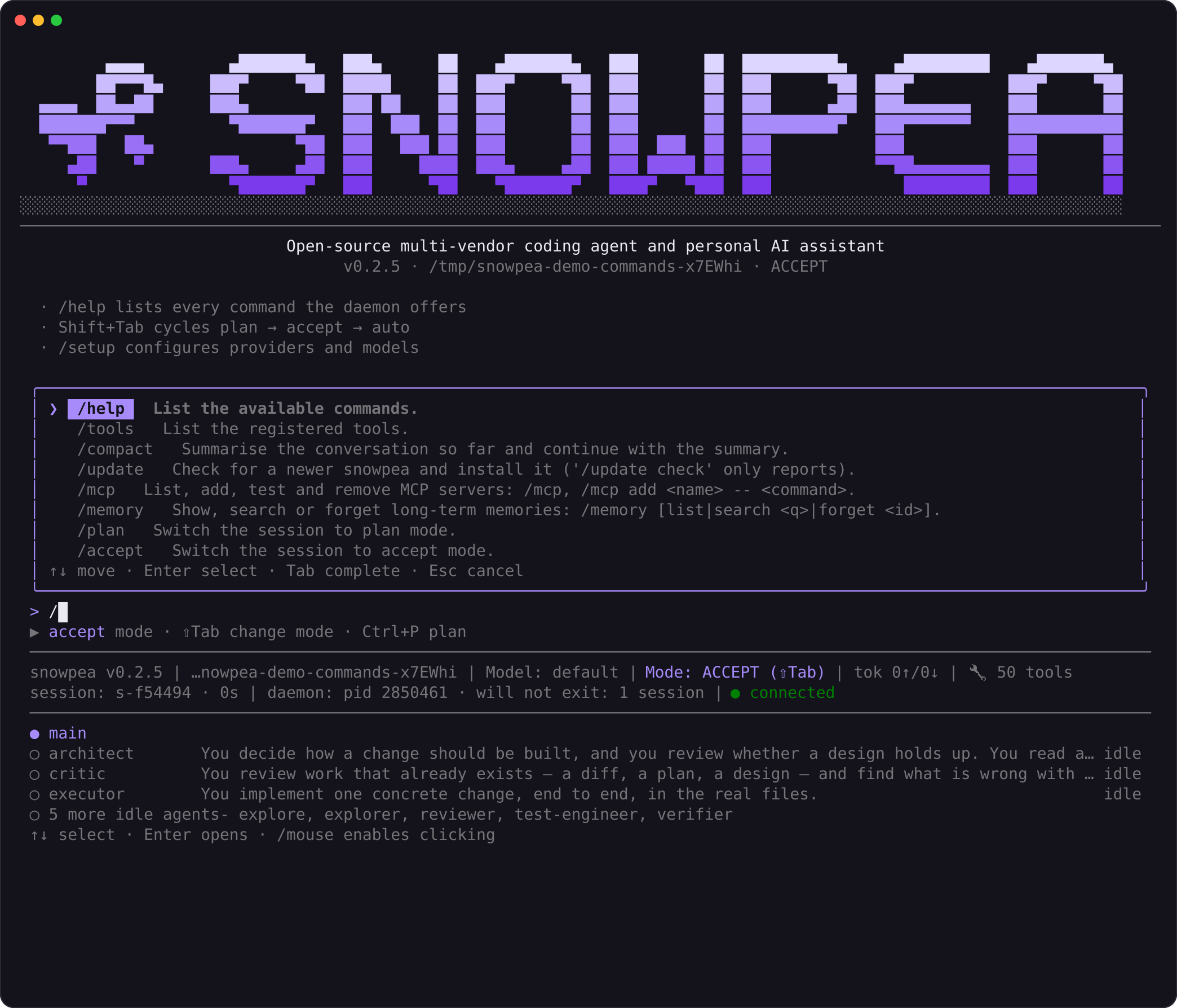 The slash-command palette filtered, showing command names and their one-line help.