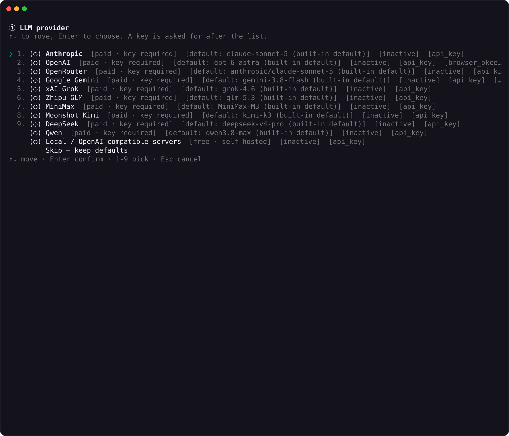 The first-run setup wizard on the vendor screen: the eleven vendors, the star on the default, and the auth choices.